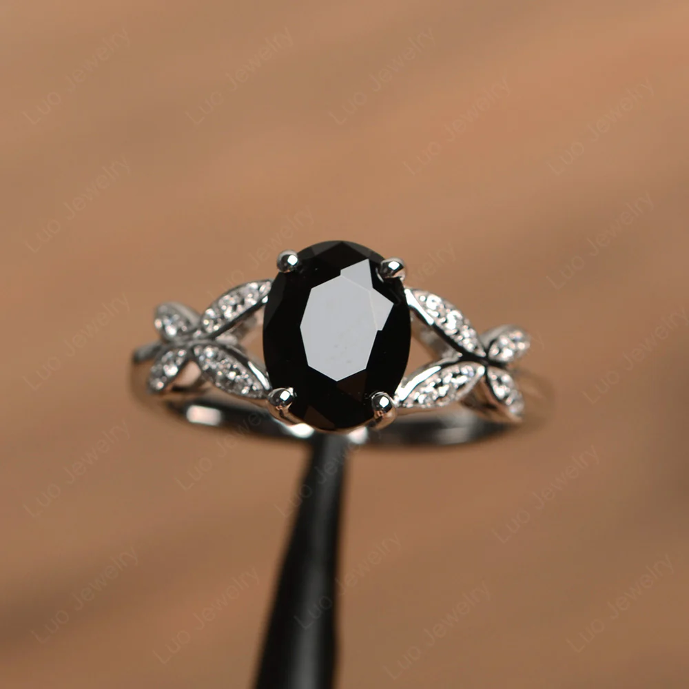Oval Cut Black Spinel Butterfly Inspired Ring