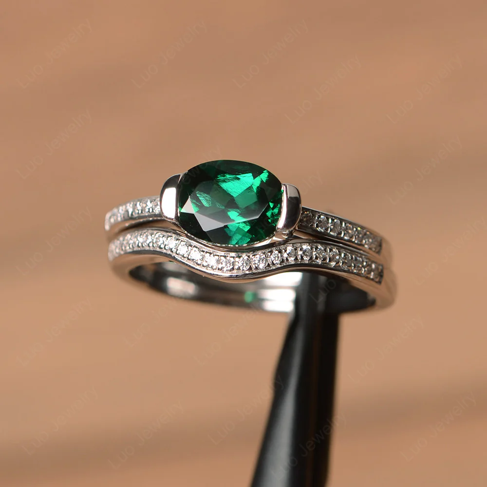 Oval East West Emerald Bridal Set Ring