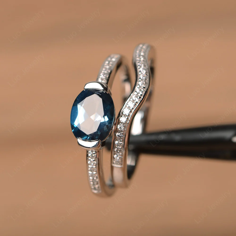 Oval London Blue Topaz Wedding Set Ring