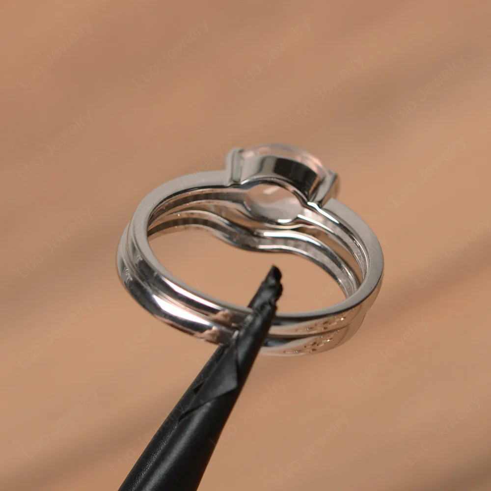 Oval East West Rose Quartz Bridal Set Ring - Image 3