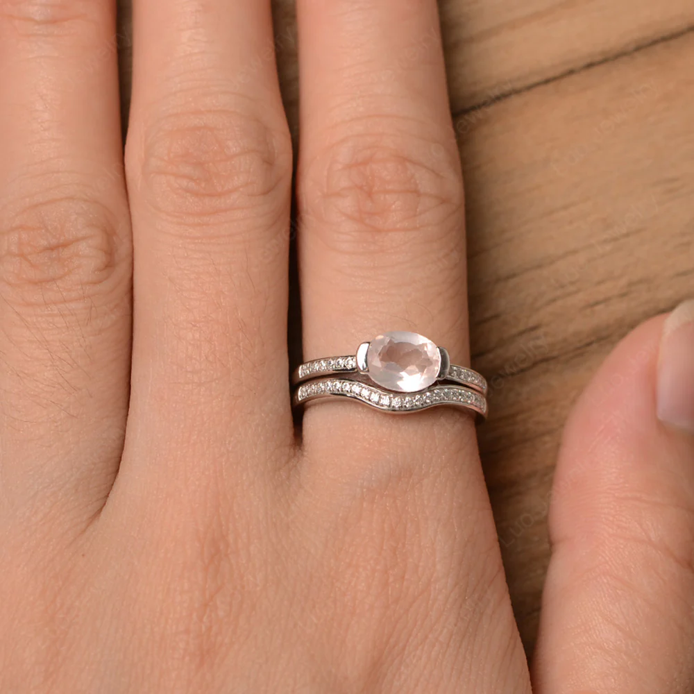 Oval East West Rose Quartz Bridal Set Ring - Image 4