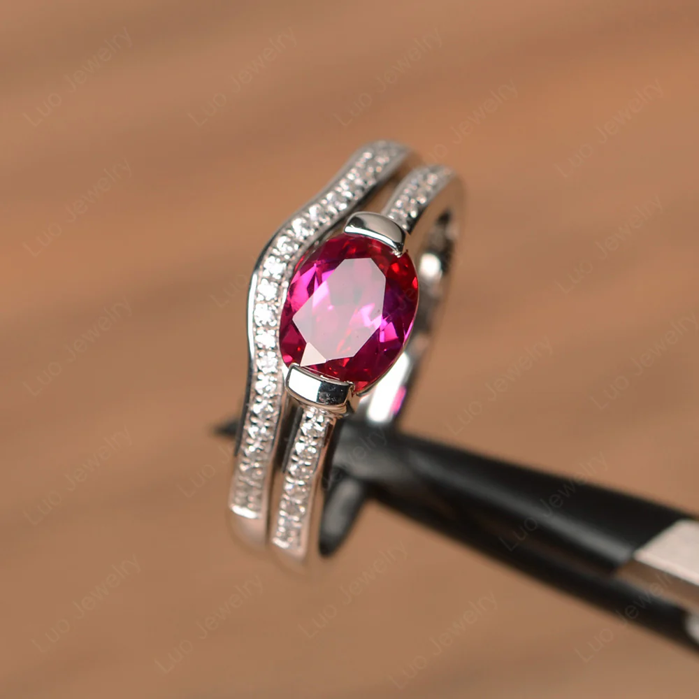 Oval Ruby Wedding Set Ring