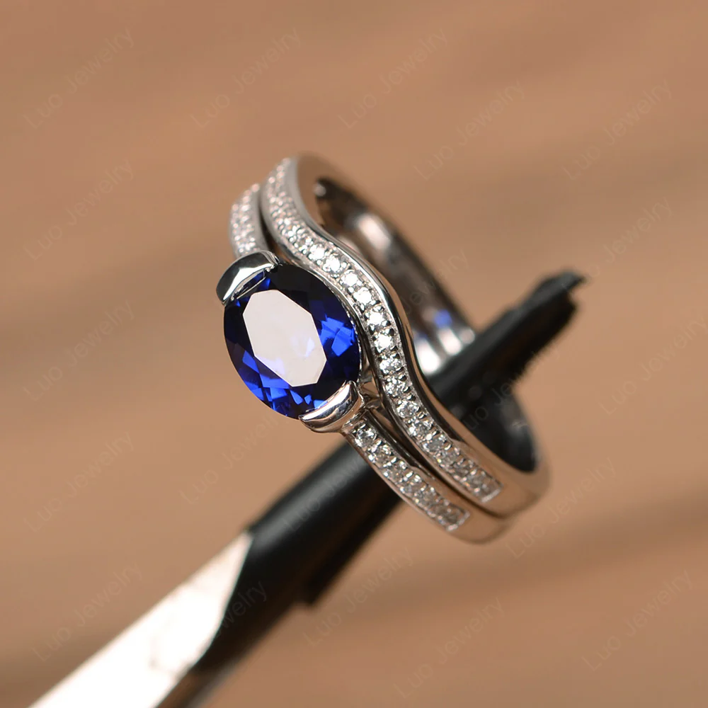 Oval East West Sapphire Bridal Set Ring - Image 2