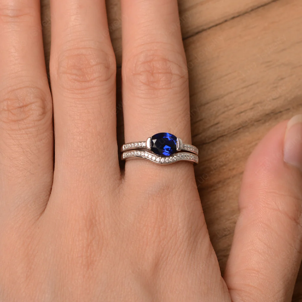 Oval East West Sapphire Bridal Set Ring - Image 4