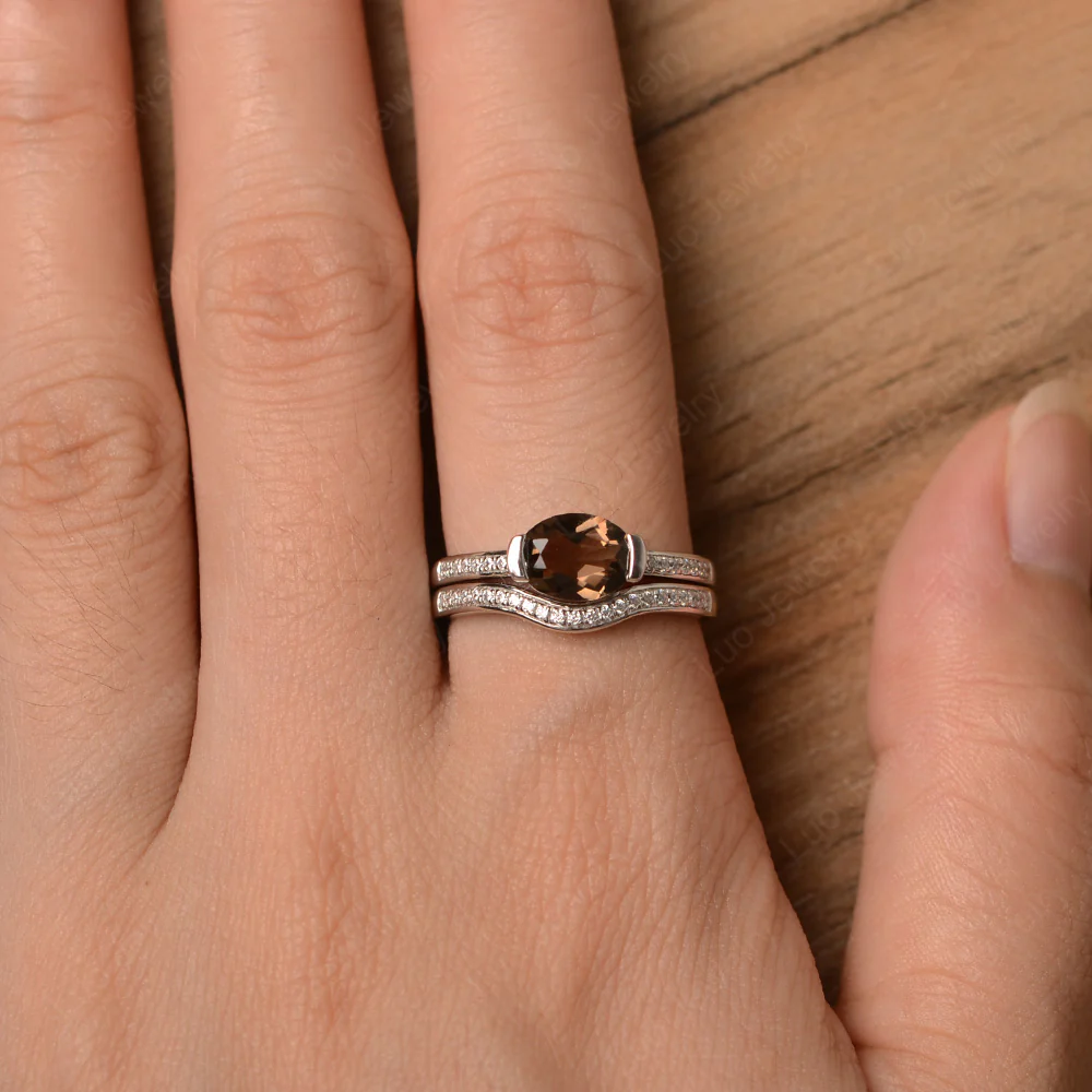 Oval Smoky Quartz Wedding Set Ring - Image 4