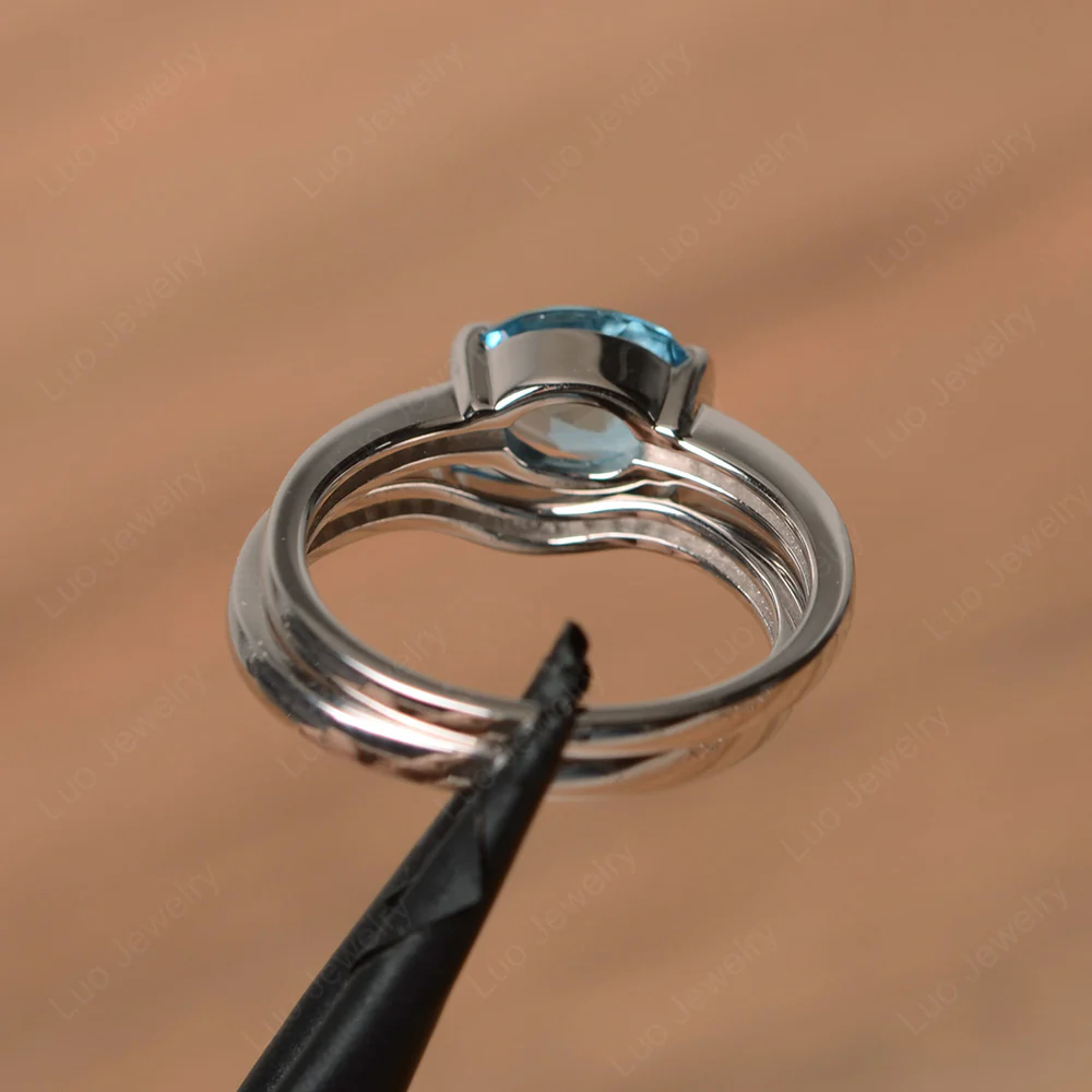 Oval East West Swiss Blue Topaz Bridal Set Ring - Image 3