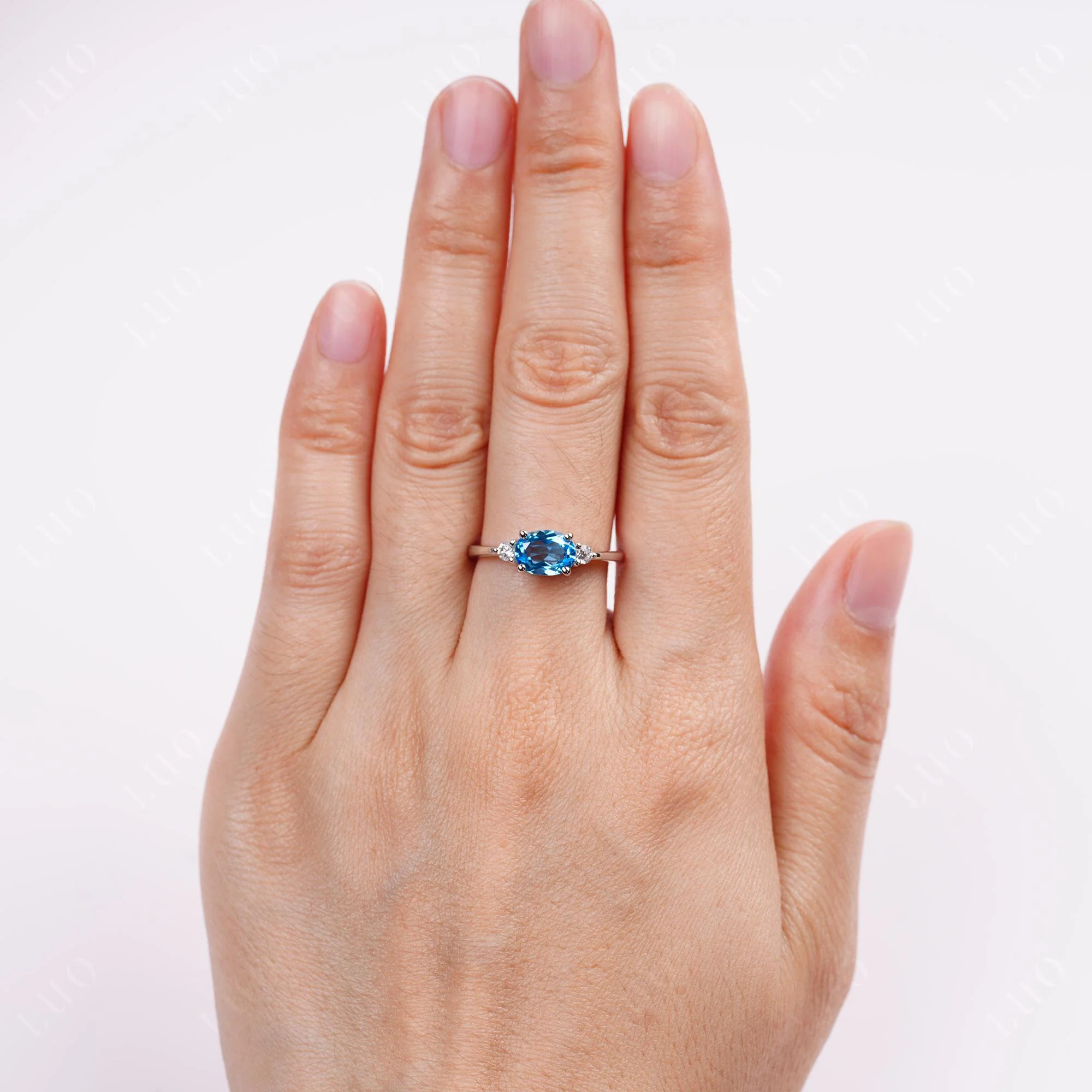 Oval East West Swiss Blue Topaz Trilogy Ring - Image 14