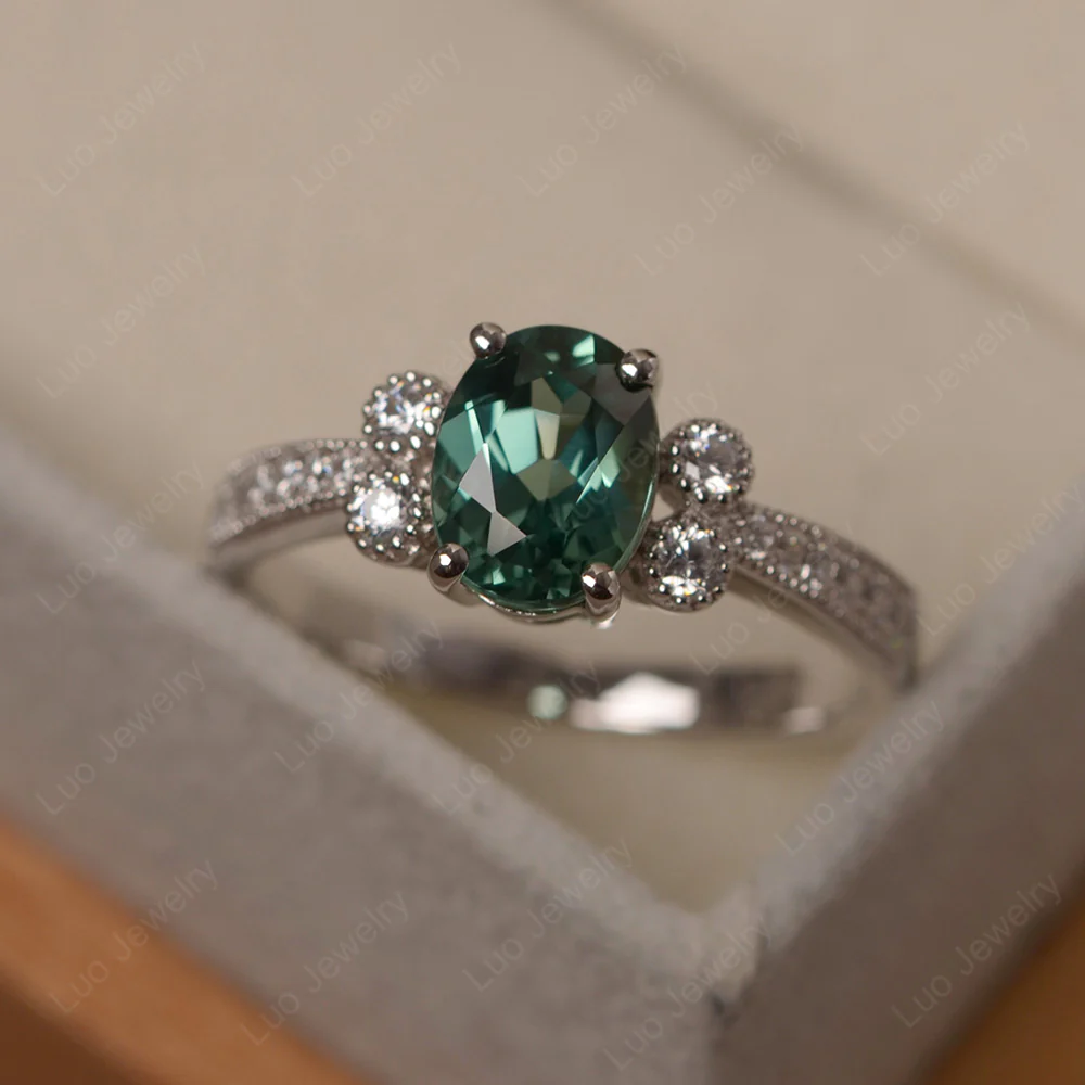 Oval Green Sapphire Milgrain Engagement Ring