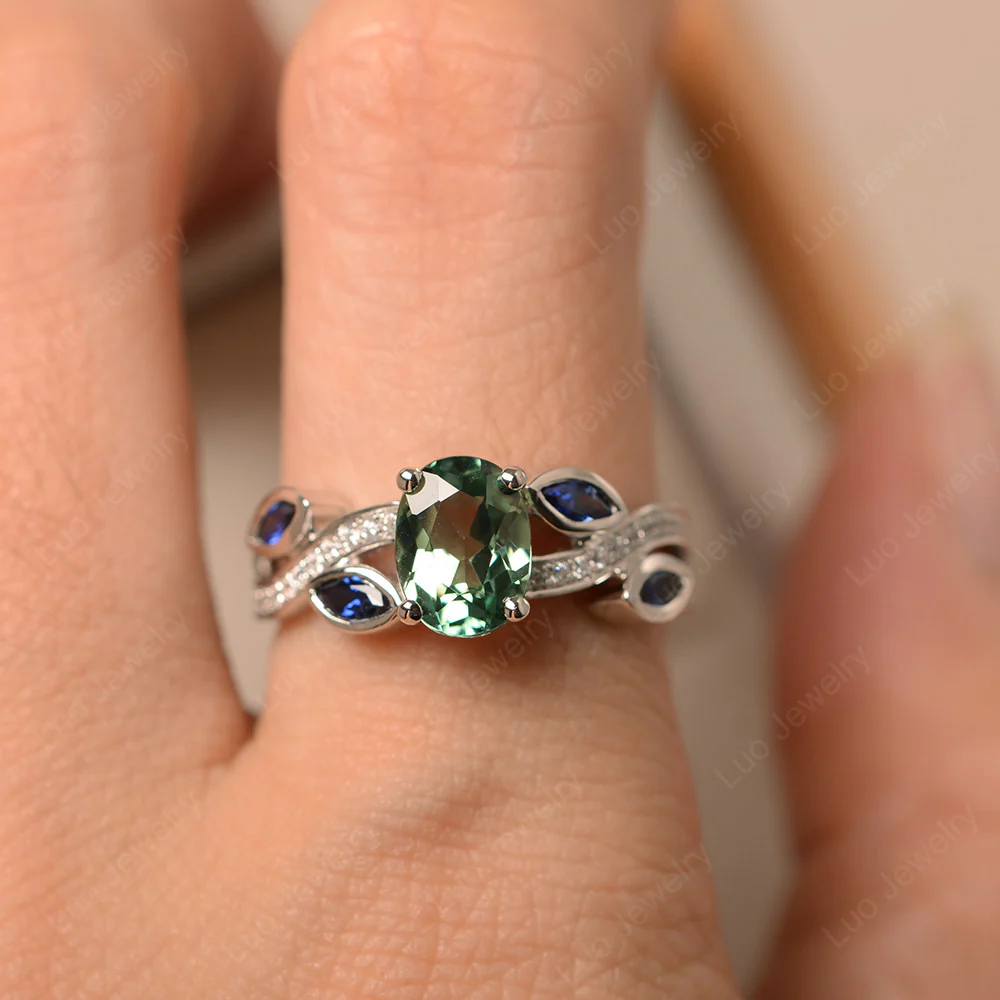 Oval Cut Green Sapphire Leaf Ring - Image 5