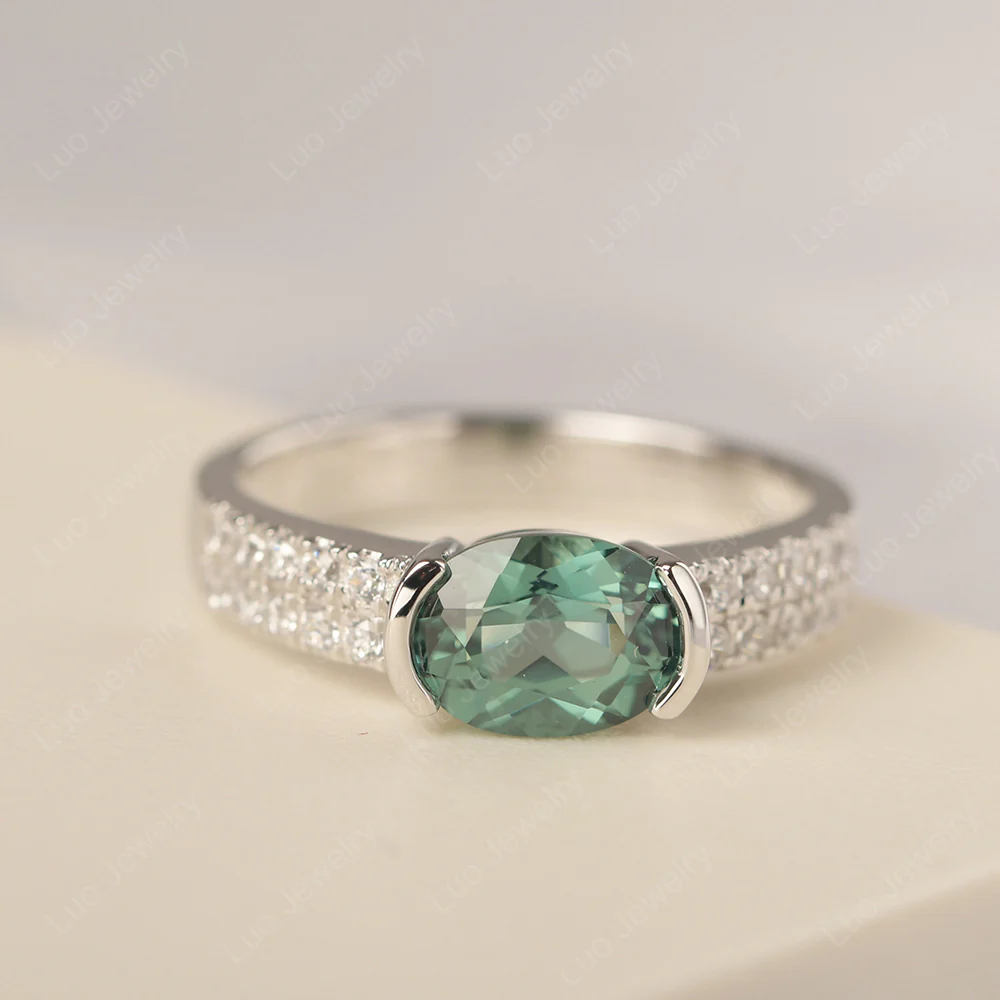 Oval Cut Green Sapphire Double Pave Ring