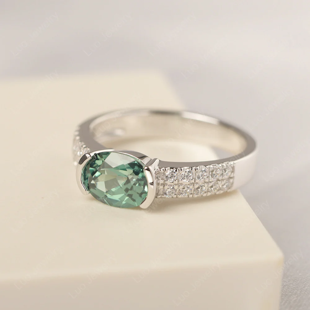 Oval Cut Green Sapphire Double Pave Ring - Image 2