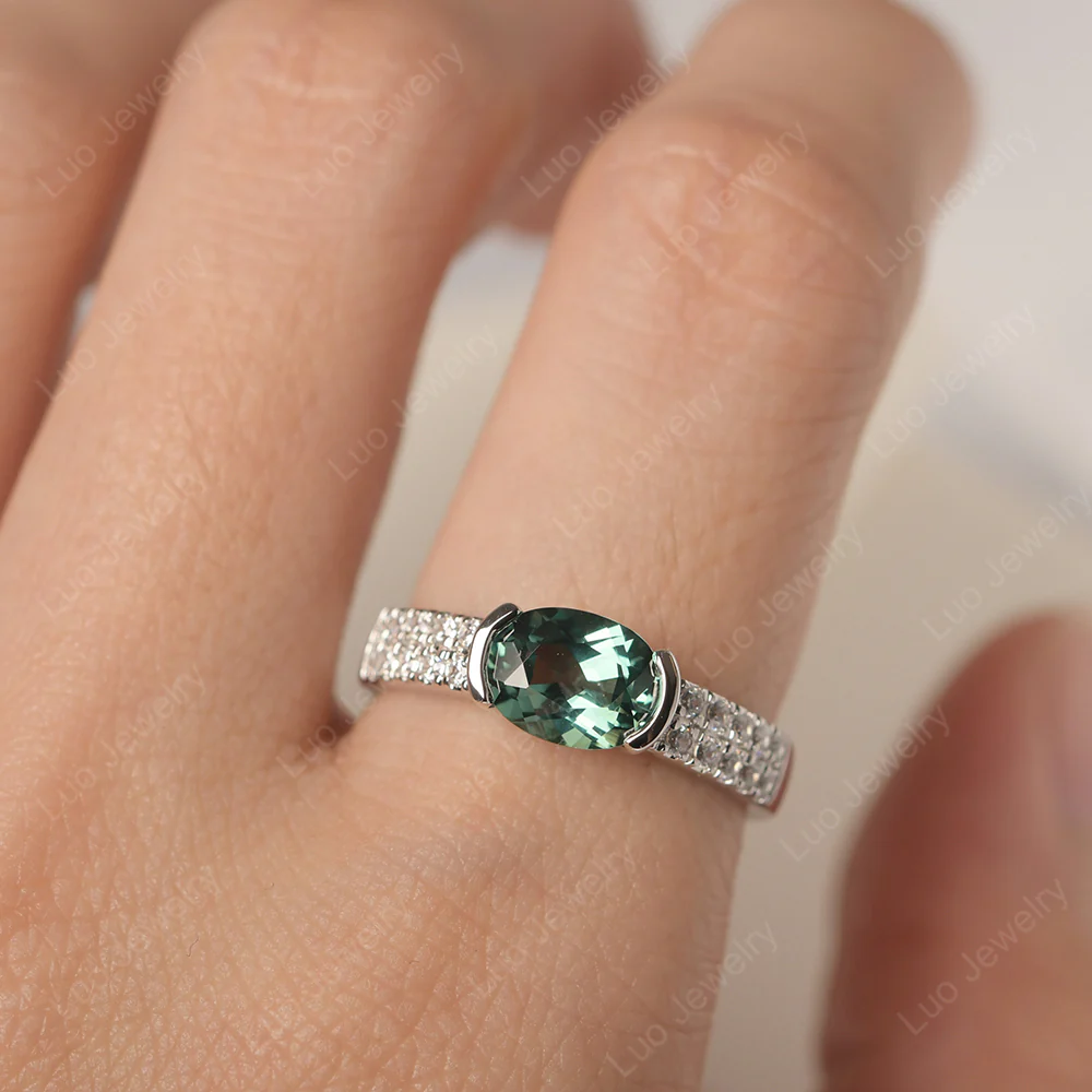 Oval Cut Green Sapphire Double Pave Ring - Image 5