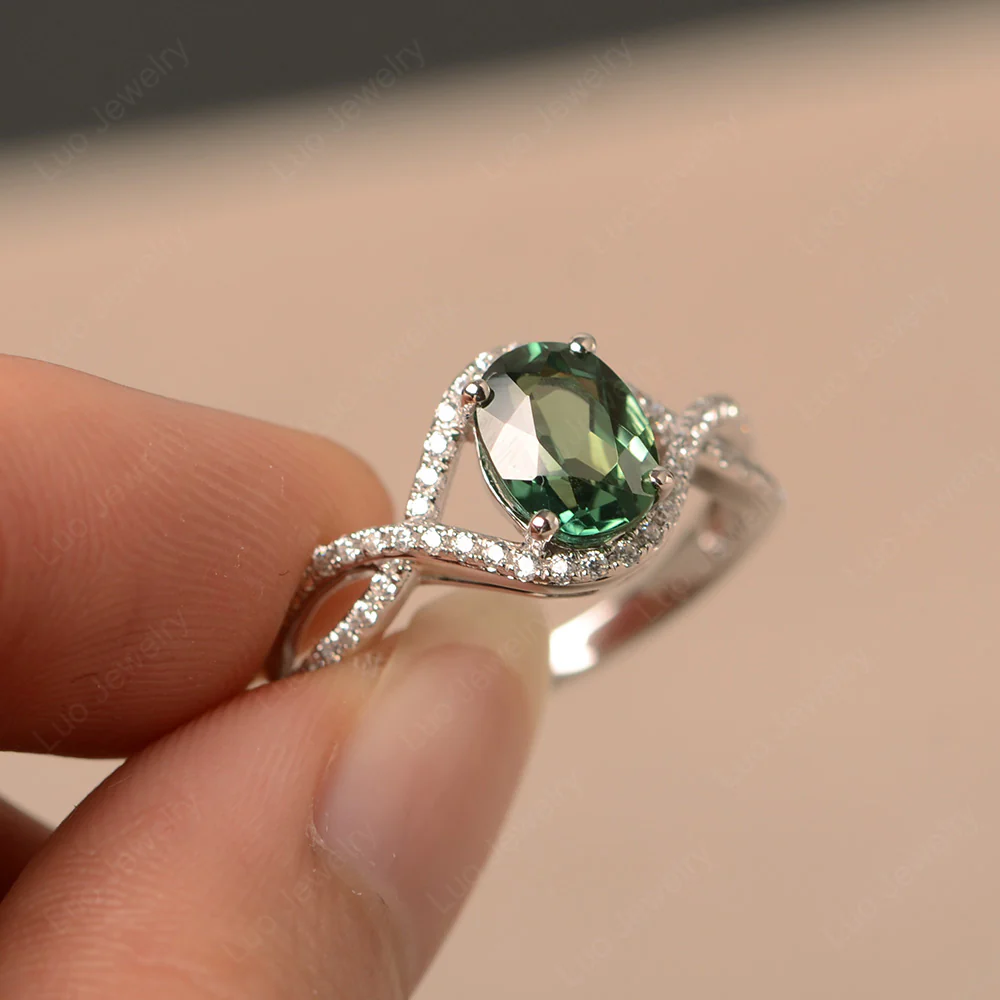 Oval Green Sapphire Twisted Engagement Ring - Image 2