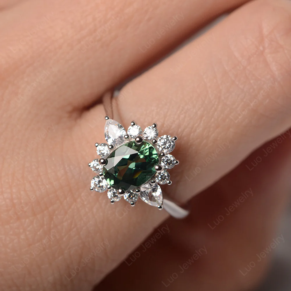 Oval Cut Green Sapphire Ring with Pear Side Stone - Image 5