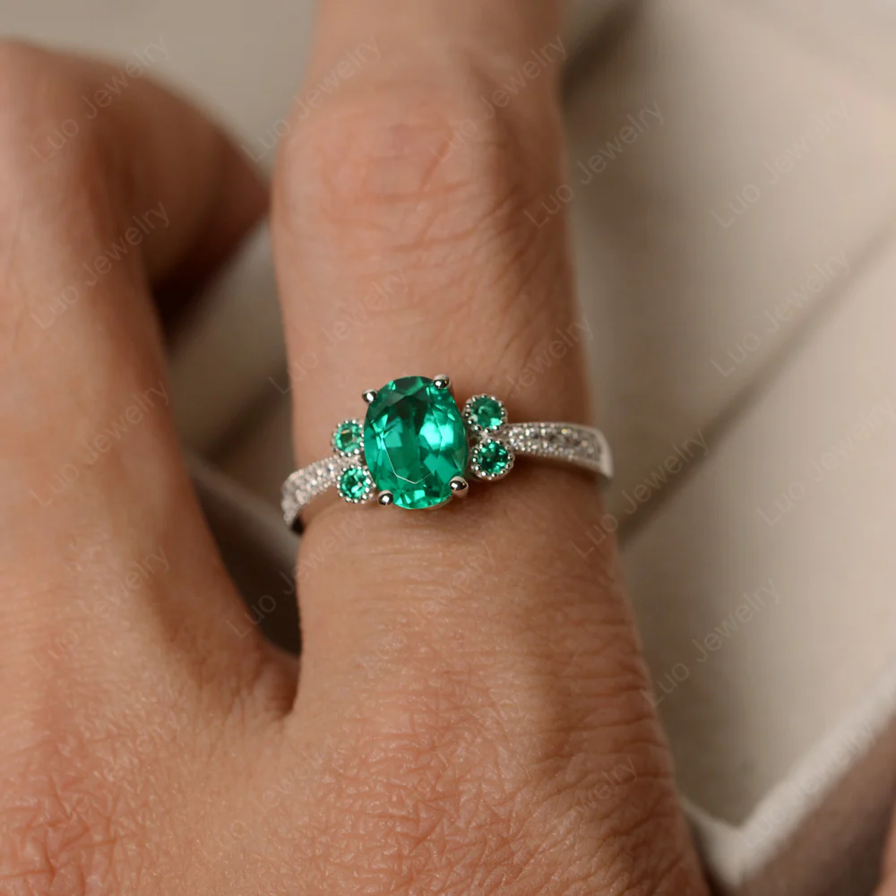 Oval Emerald Milgrain Engagement Ring - Image 4