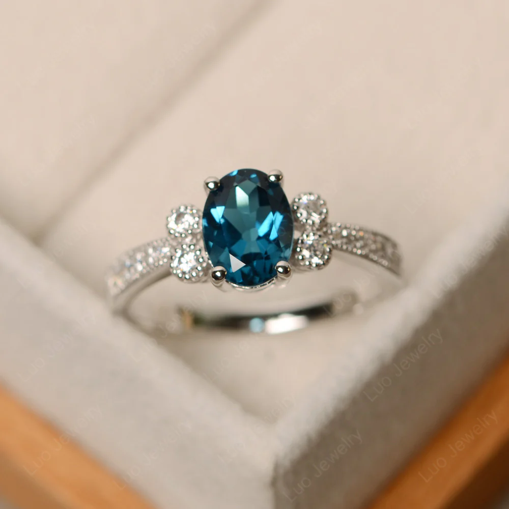 Oval London Blue Topaz Milgrain Engagement Ring