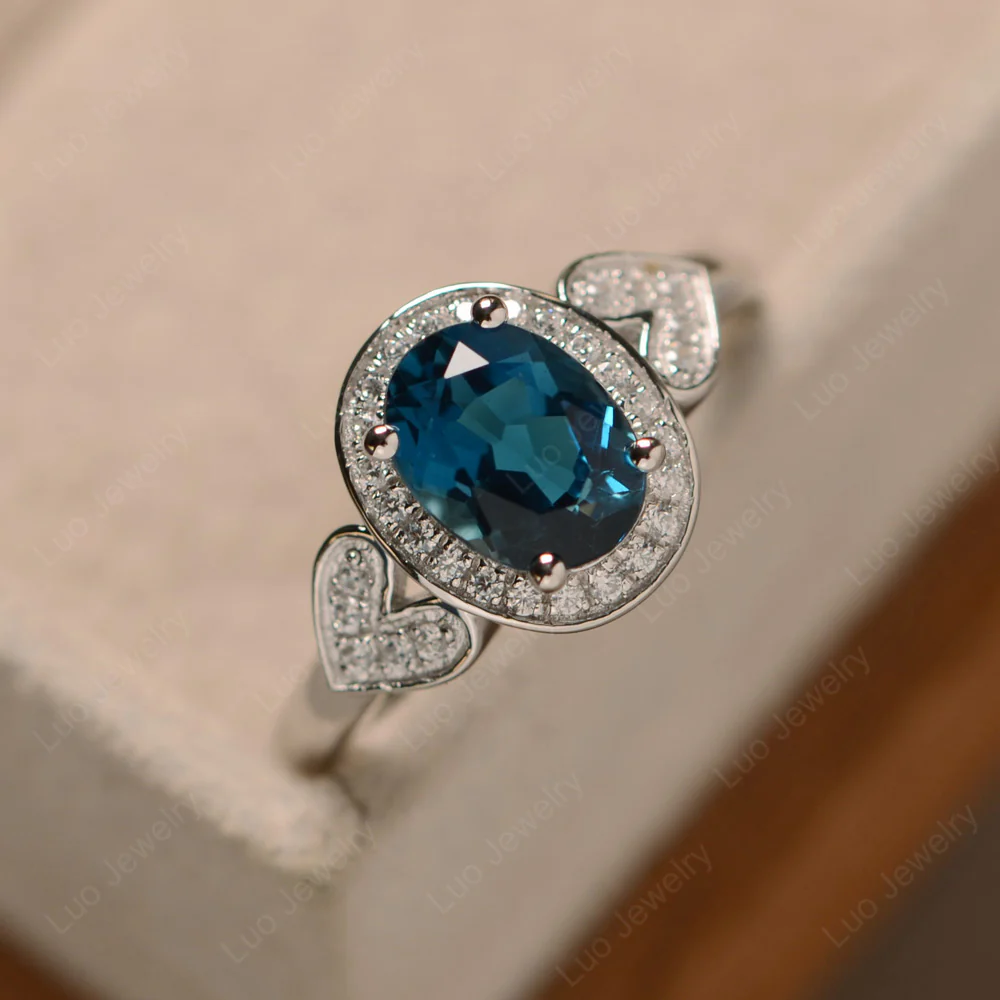 Oval Cut London Blue Topaz Halo Engagement Ring - Image 2