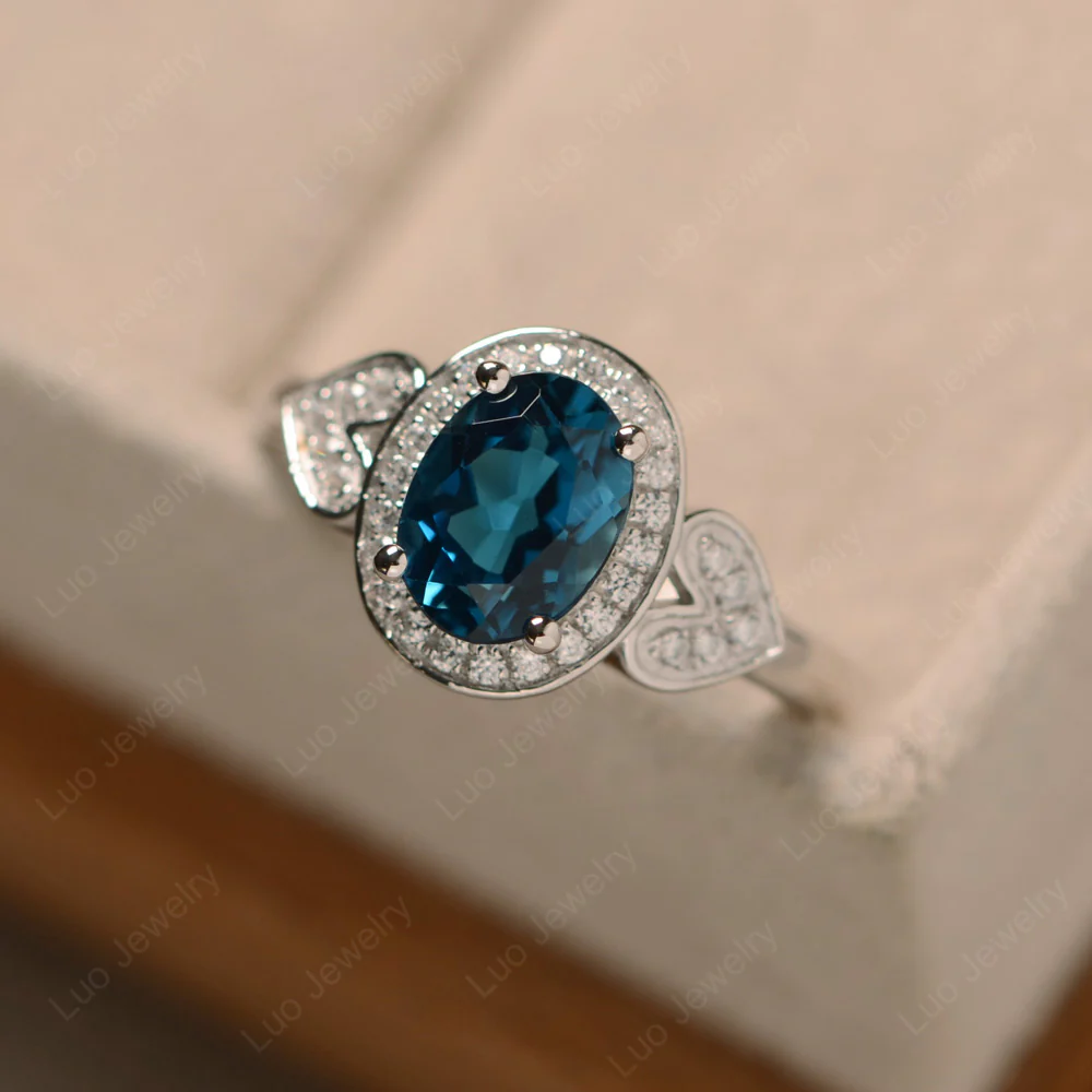 Oval Cut London Blue Topaz Halo Engagement Ring - Image 3