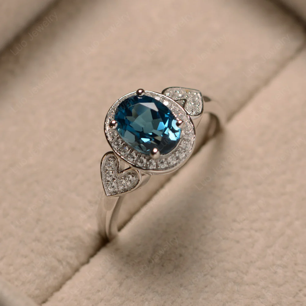 Oval Cut London Blue Topaz Halo Engagement Ring - Image 4