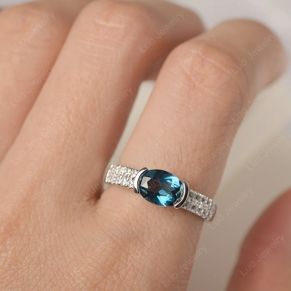 Oval Cut London Blue Topaz Double Pave Ring - Image 5