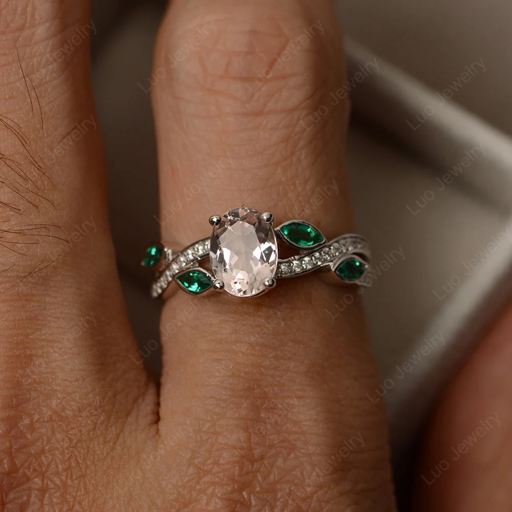 Oval Cut Morganite Leaf Ring - Image 3