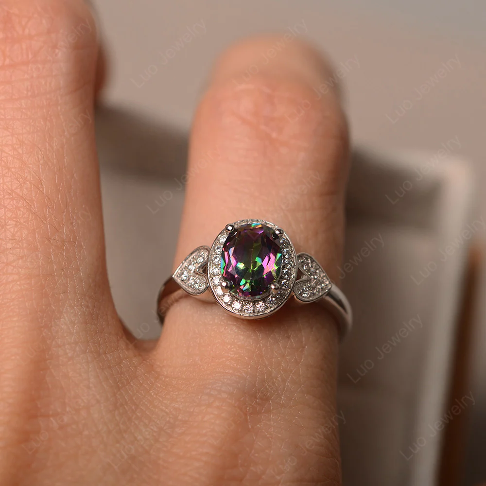 Oval Cut Mystic Topaz Halo Engagement Ring - Image 5