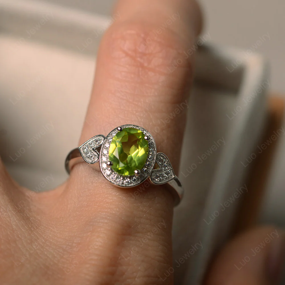 Oval Cut Peridot Halo Engagement Ring - Image 5