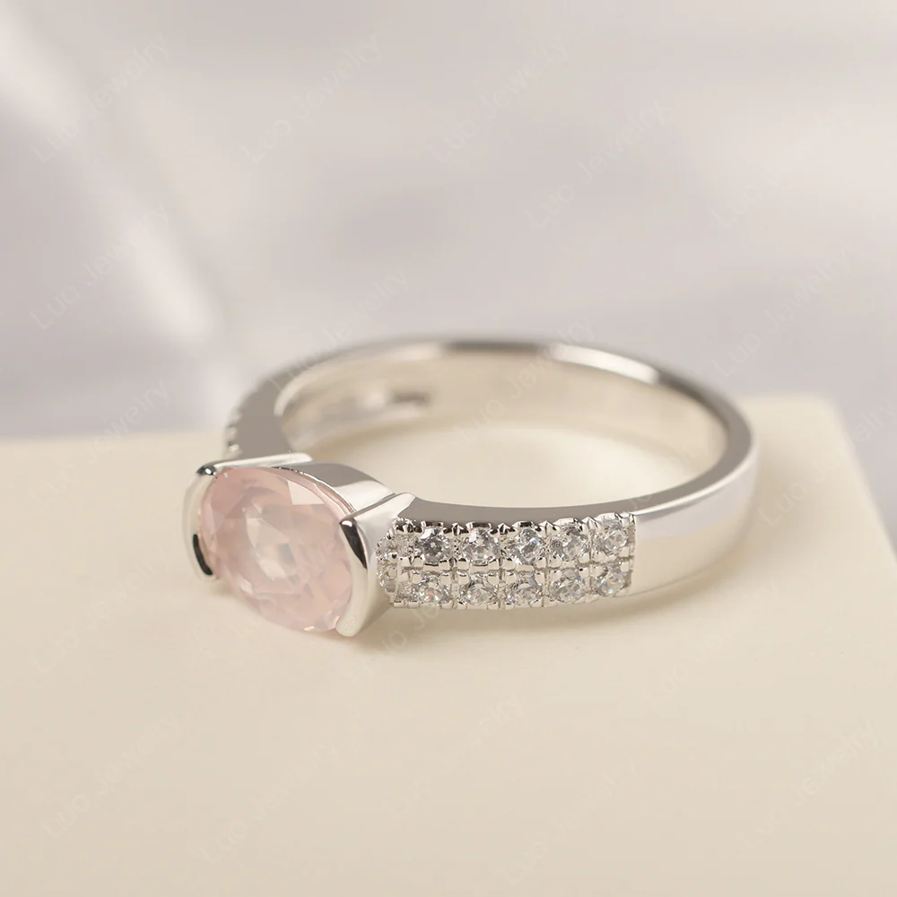 Oval Cut Rose Quartz Double Pave Ring - Image 2