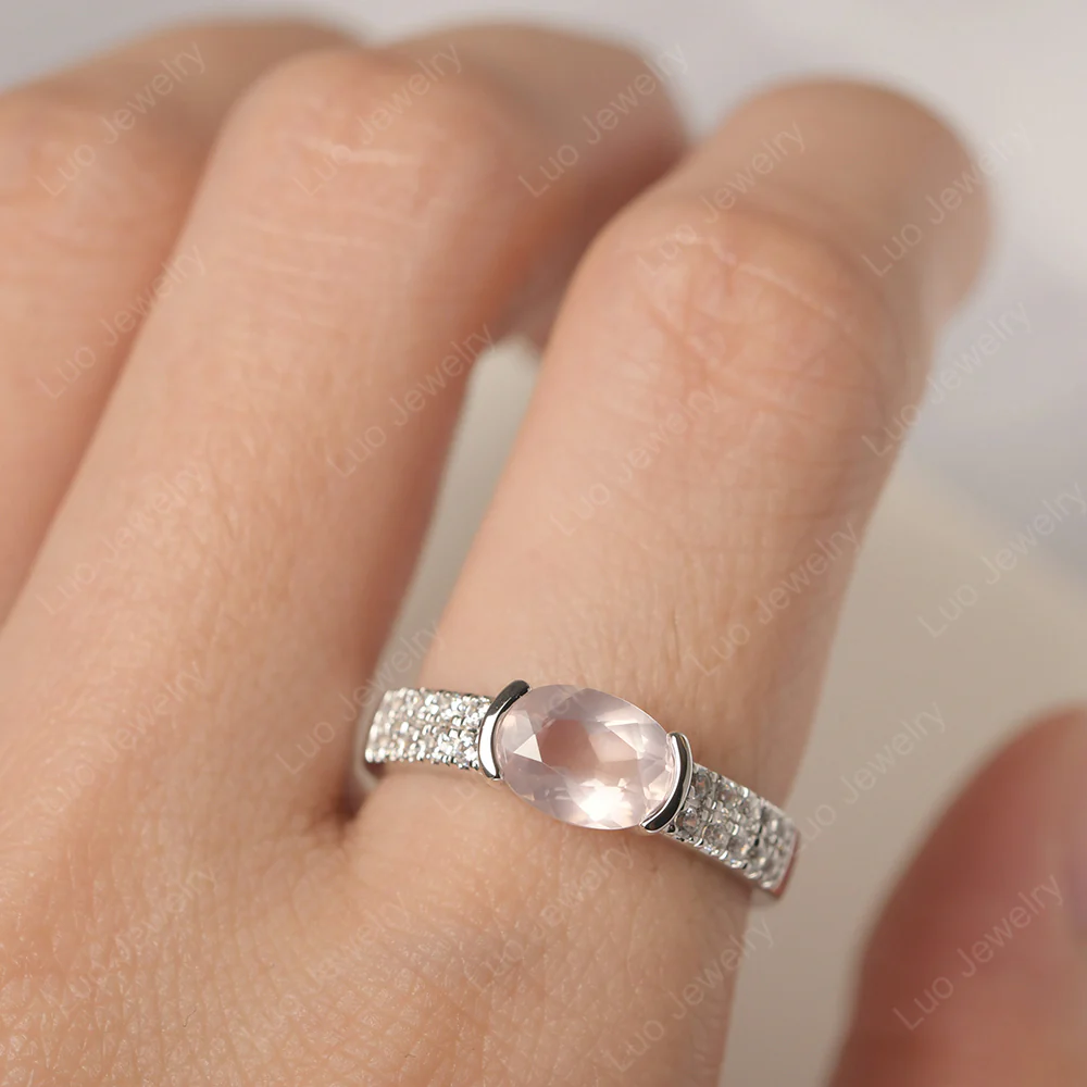 Oval Cut Rose Quartz Double Pave Ring - Image 5