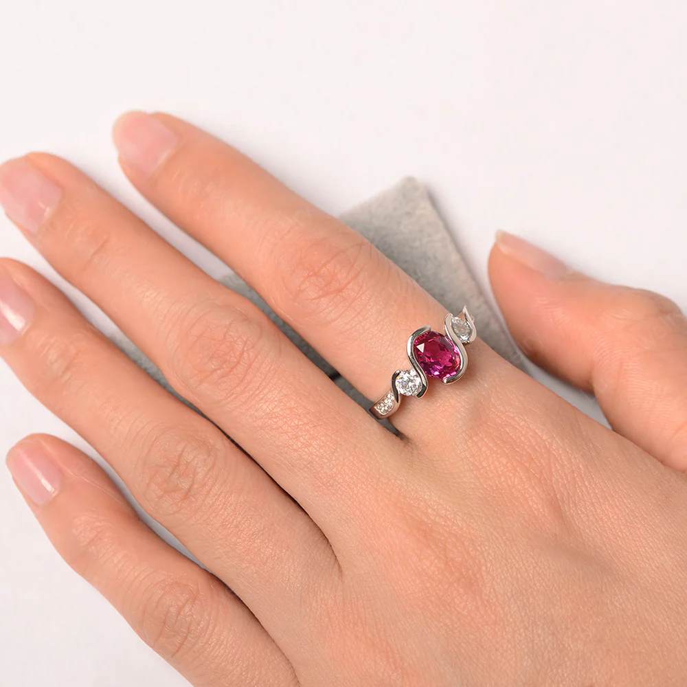 Ruby Three Stone Bezel Set Ring - Image 4