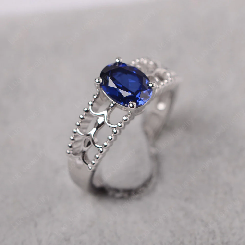 Oval Cut Sapphire Vintage Solitaire Ring - Image 2