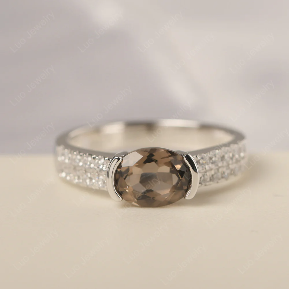 Oval Cut Smoky Quartz Double Pave Ring