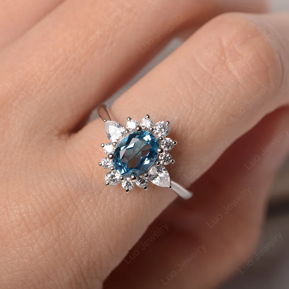 Oval Cut Swiss Blue Topaz Ring with Pear Side Stone - Image 5