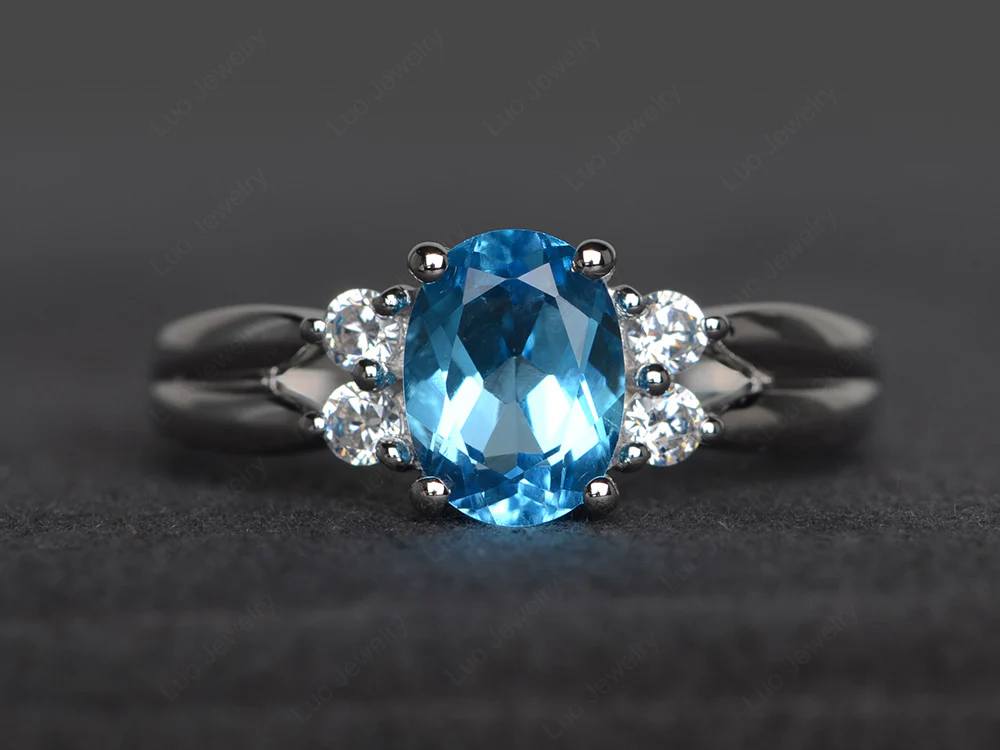 Oval Cut Swiss Blue Topaz Two Rows Ring