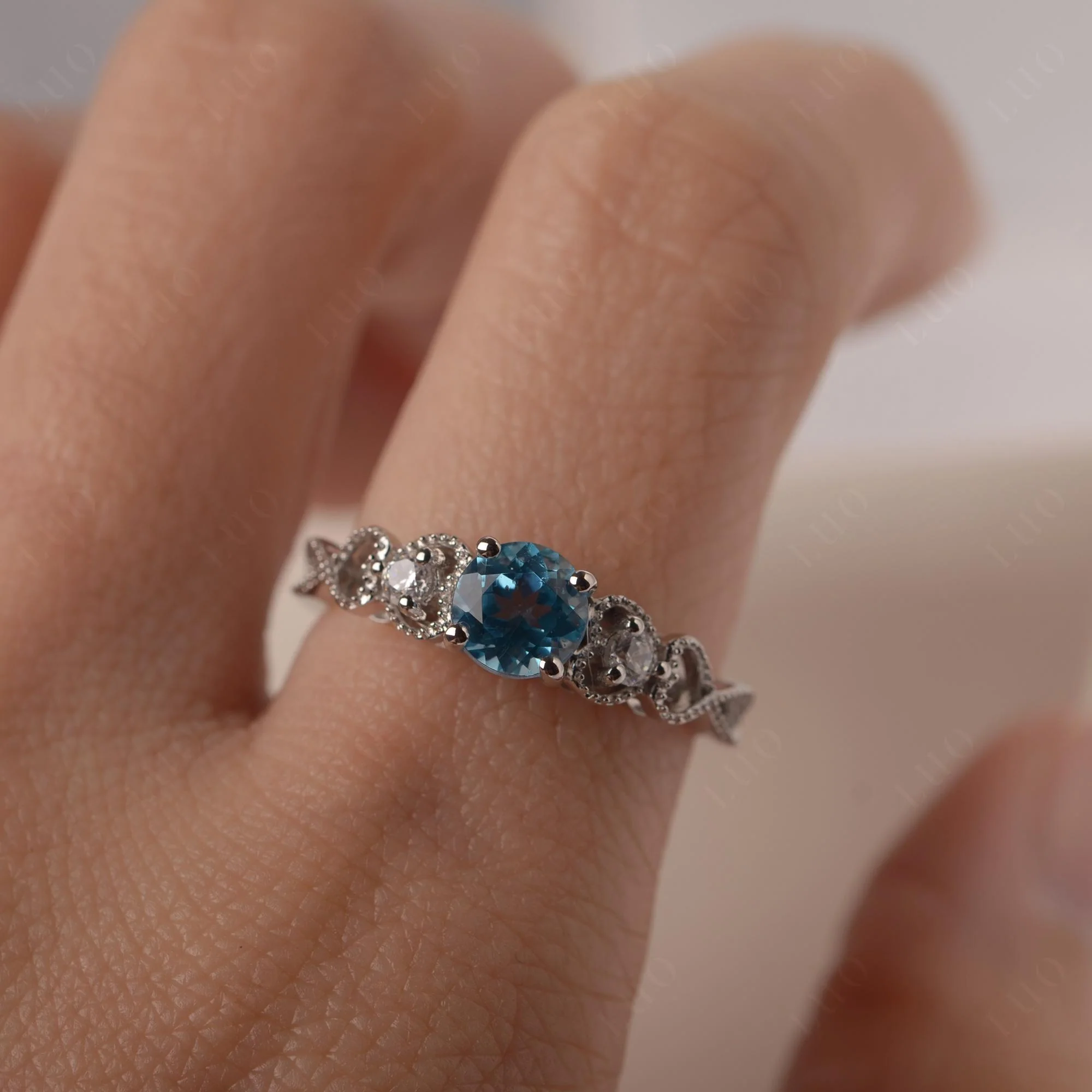 Swiss Blue Topaz Vintage Style Engagement Ring - Image 15