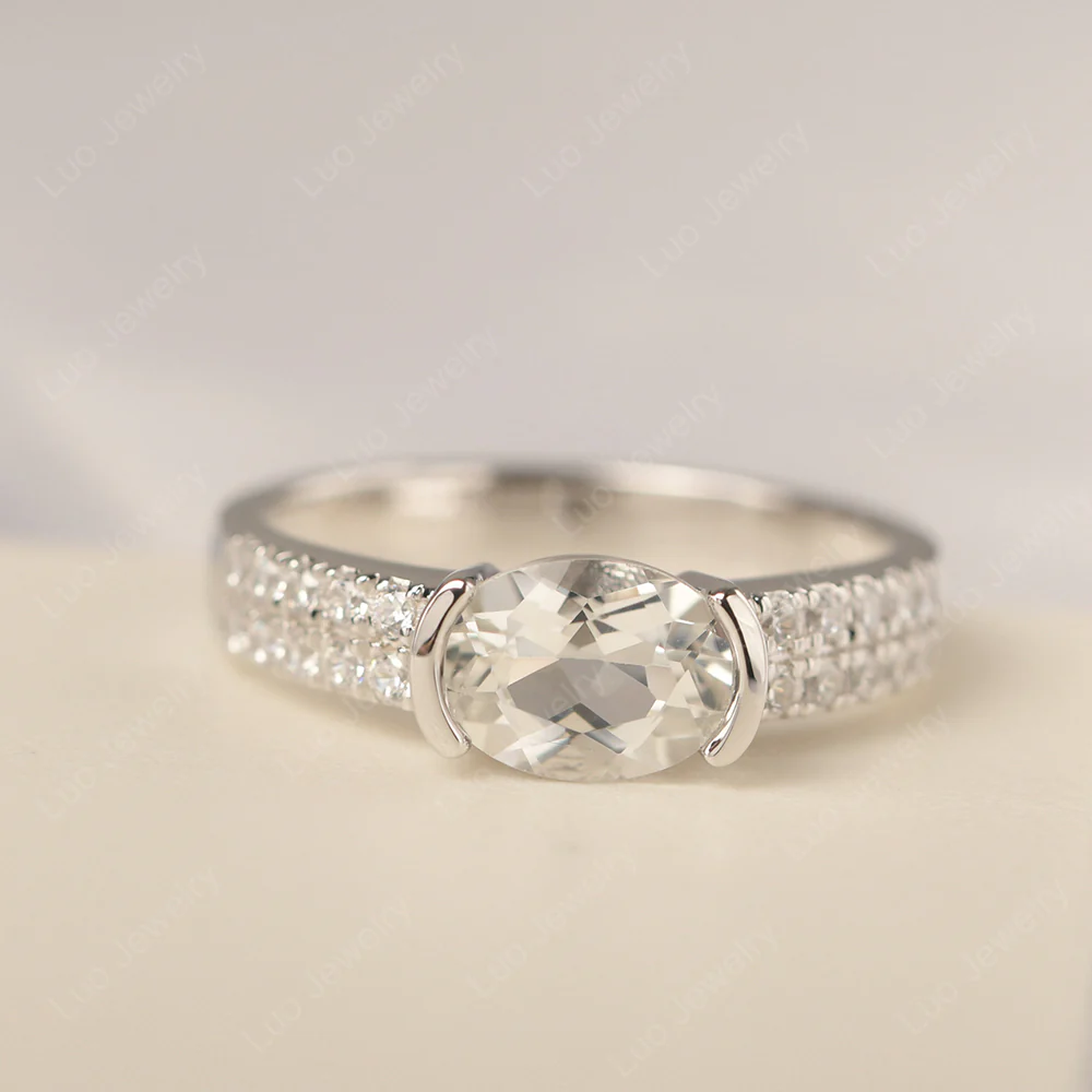 Oval Cut White Topaz Double Pave Ring
