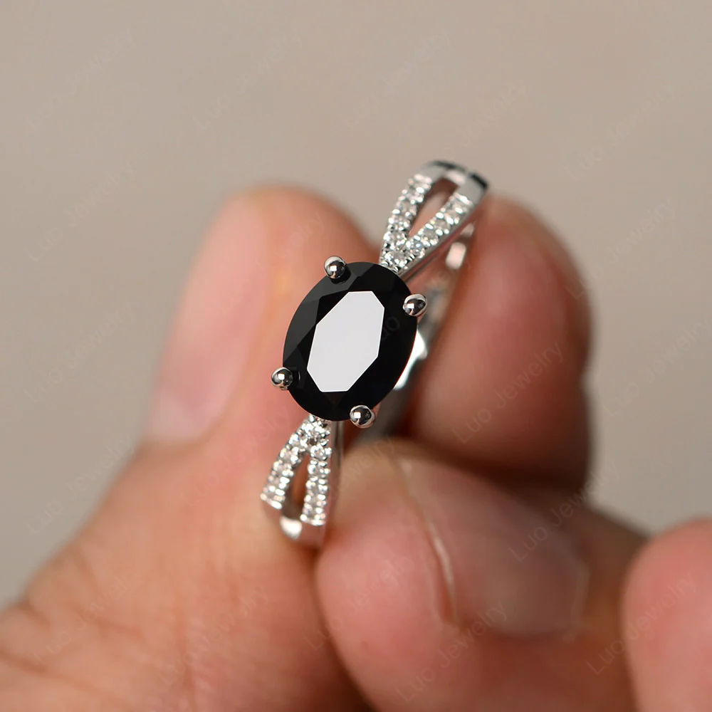 Oval East West Black Spinel Engagement Ring