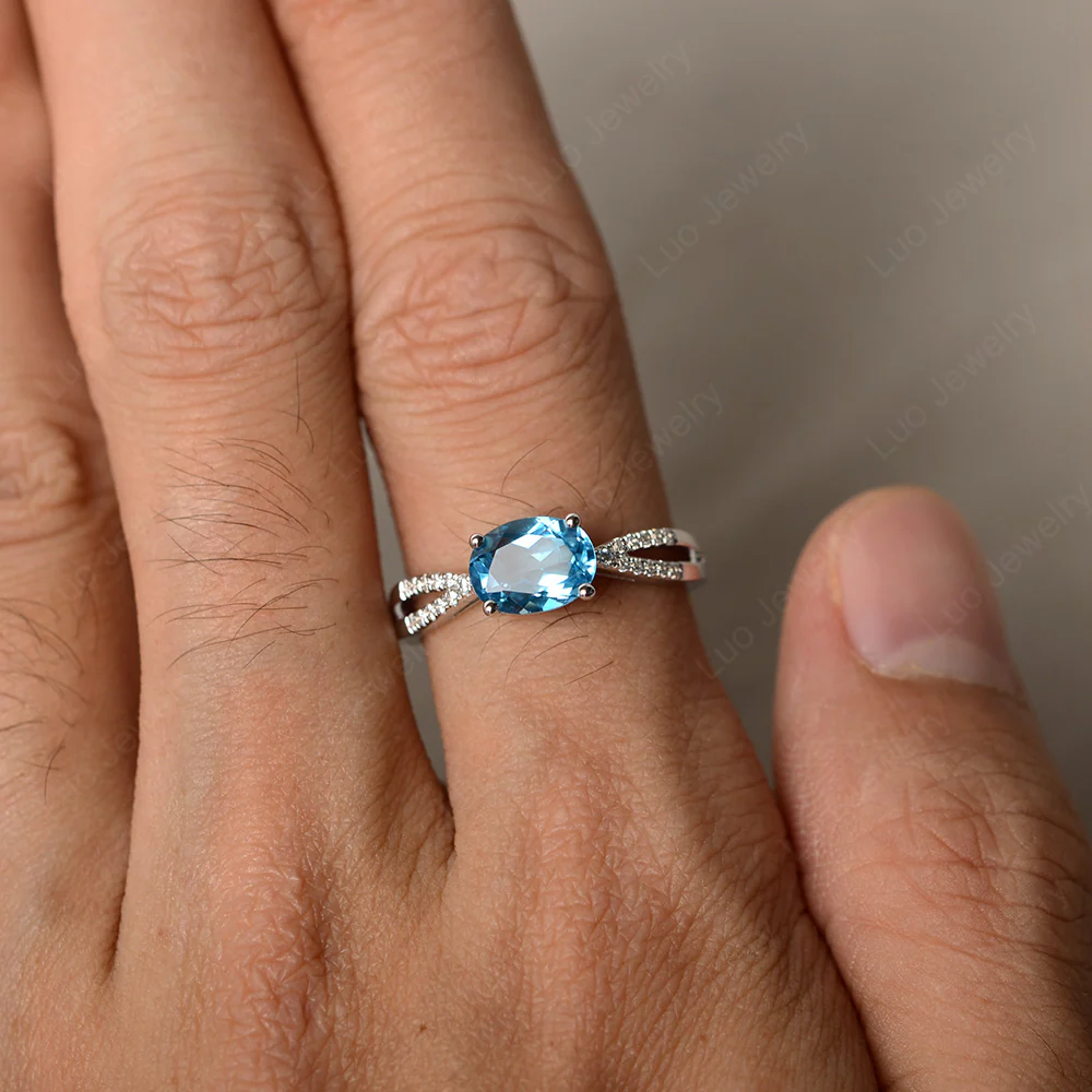 Oval East West Swiss Blue Topaz Engagement Ring - Image 3