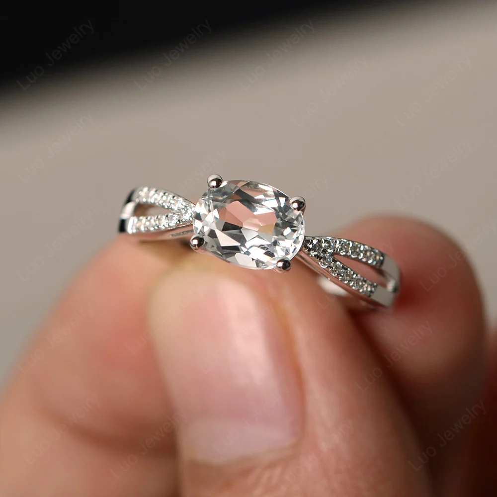 Oval East West White Topaz Engagement Ring