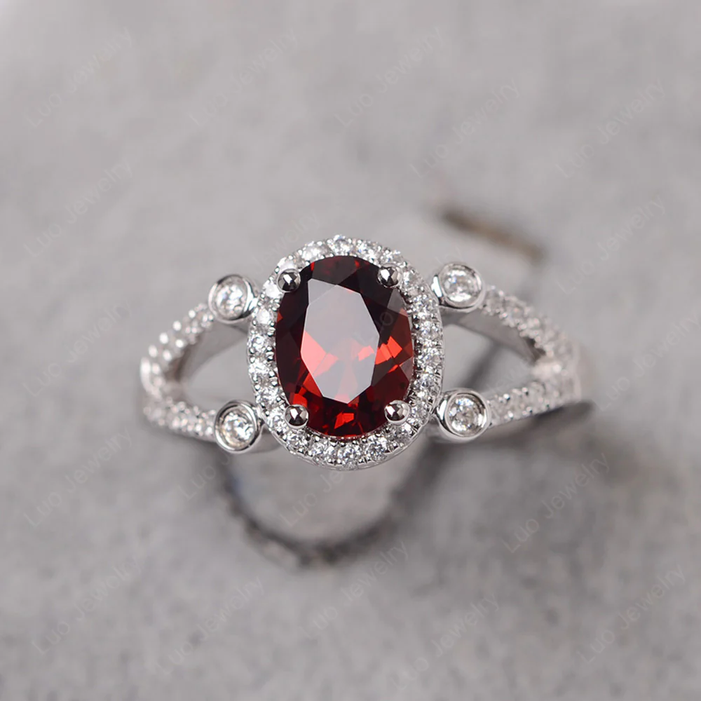 Oval Garnet Split Shank Engagement Ring
