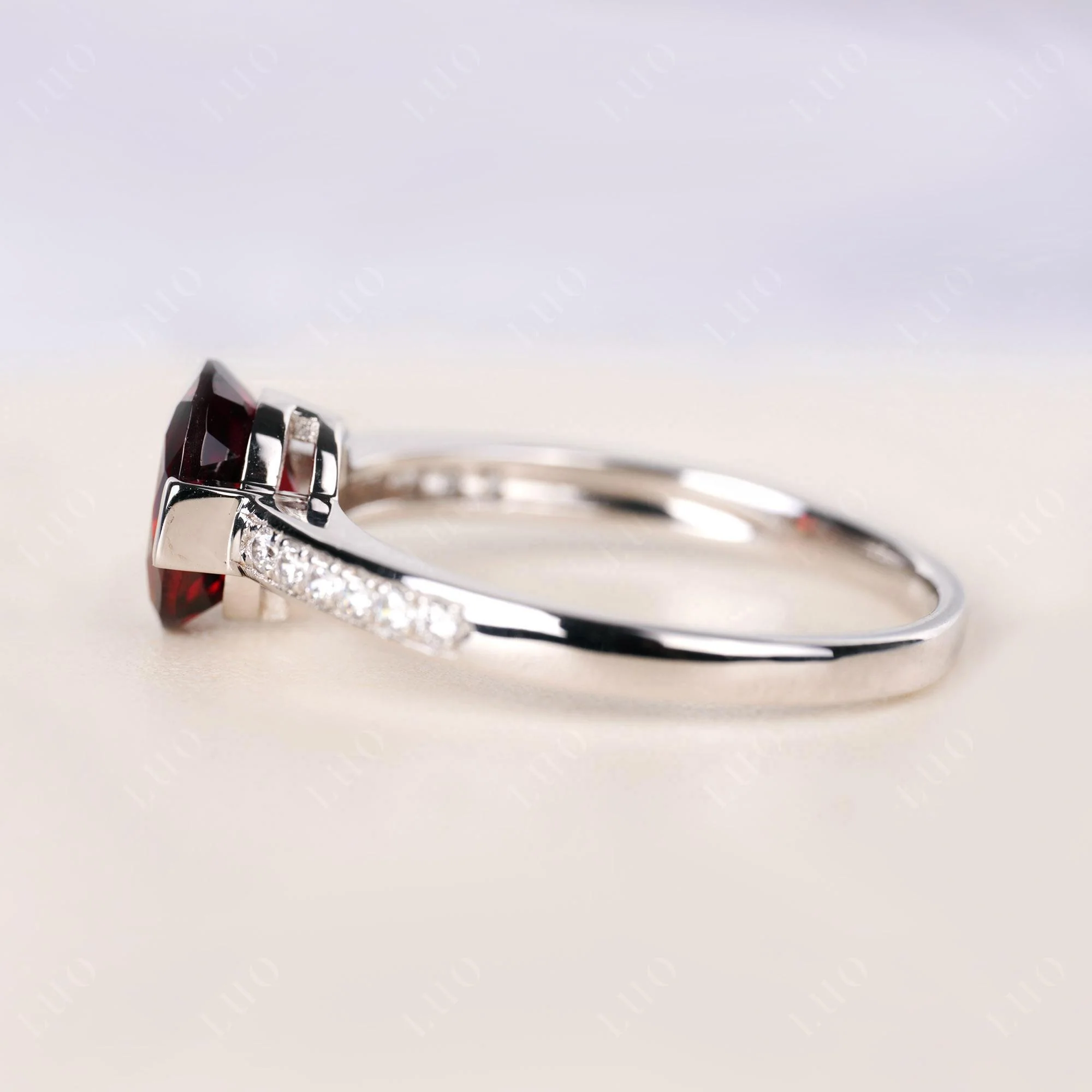 Oval Garnet Engagement Ring Half Bezel Set - Image 4