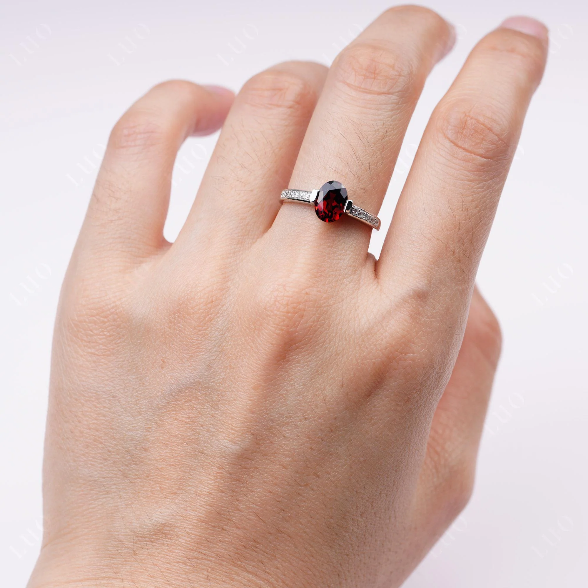 Oval Garnet Engagement Ring Half Bezel Set - Image 5