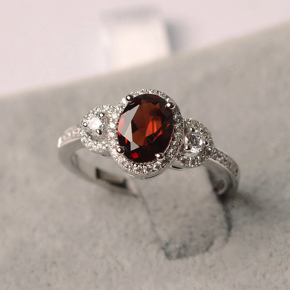 Oval Garnet Ring Halo Engagement Ring