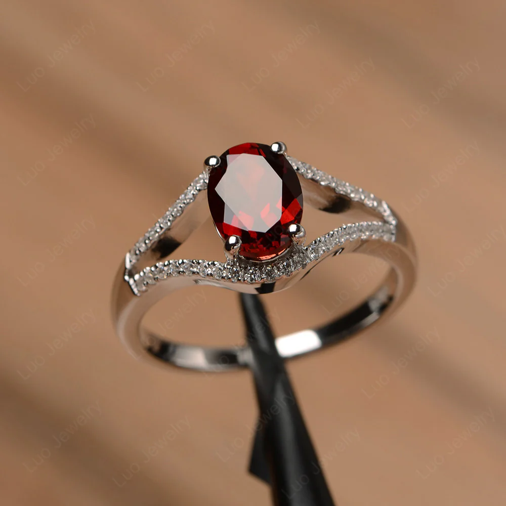 Oval Garnet Split Shank Pave Ring - Image 2