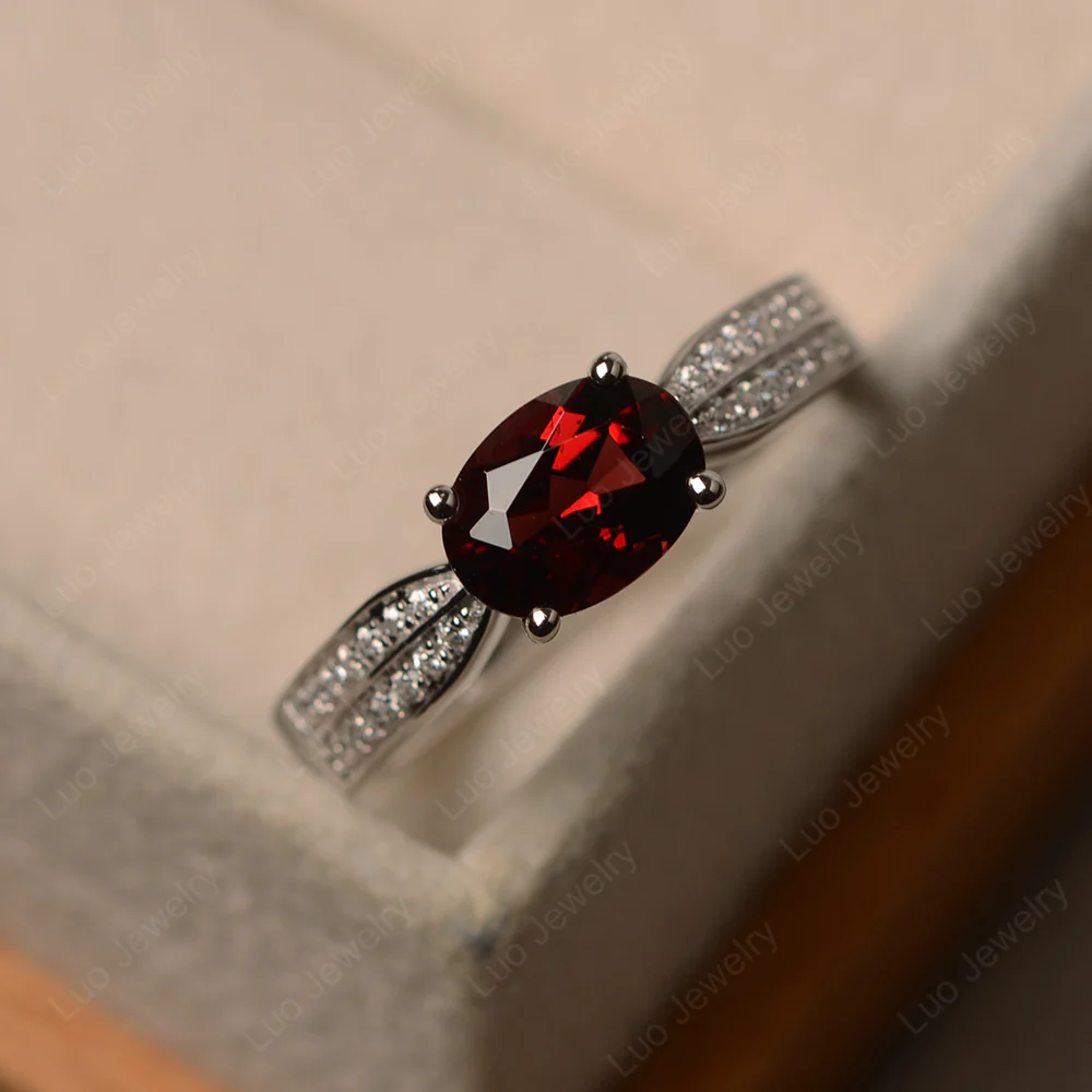 Oval Garnet Horizontal Two Rows Pave Ring - Image 2