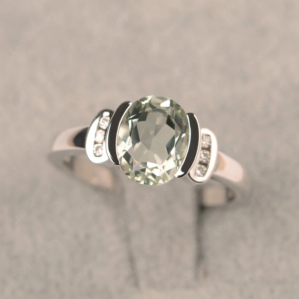 Oval Green Amethyst Half Bezel Engagement Ring