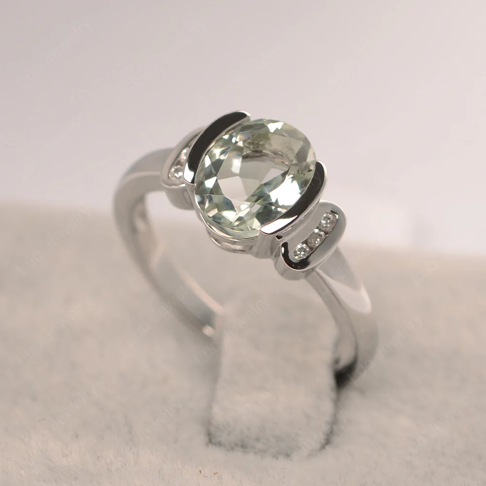 Oval Green Amethyst Half Bezel Engagement Ring - Image 2