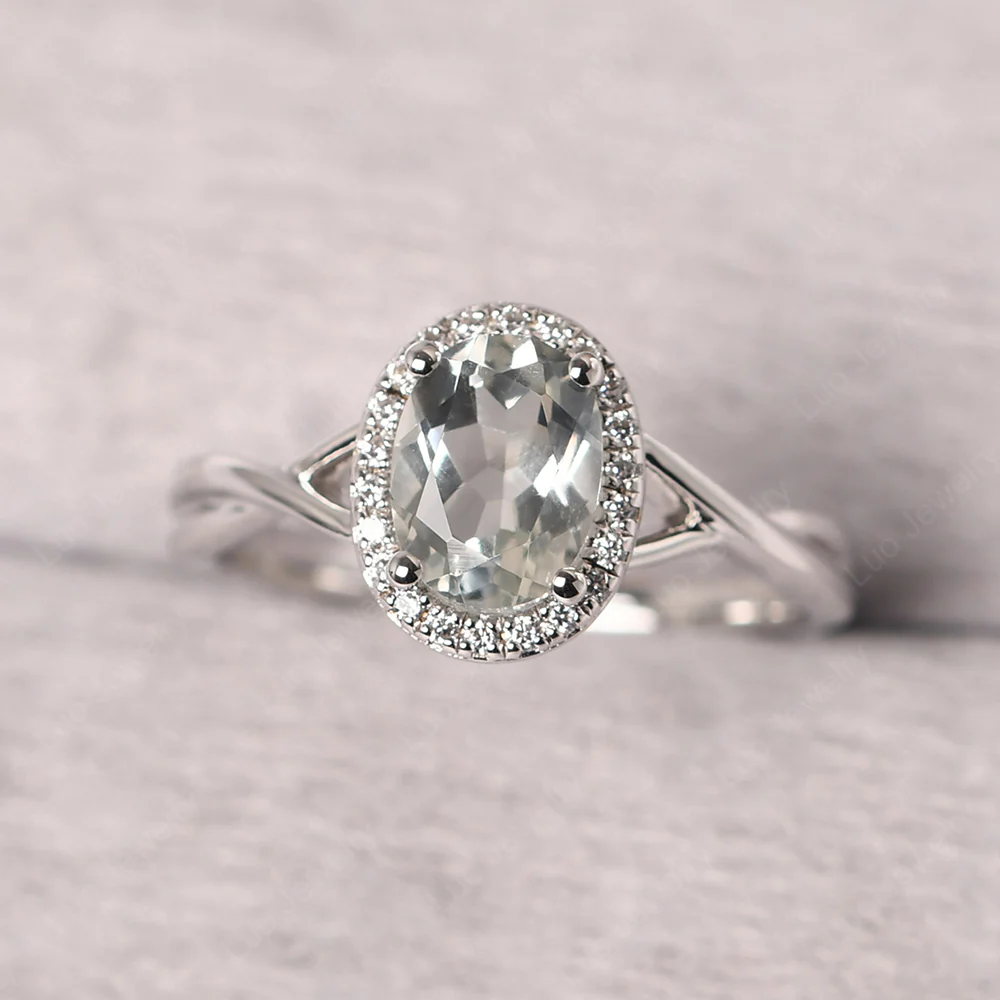 Green Amethyst Oval Halo Engagement Ring