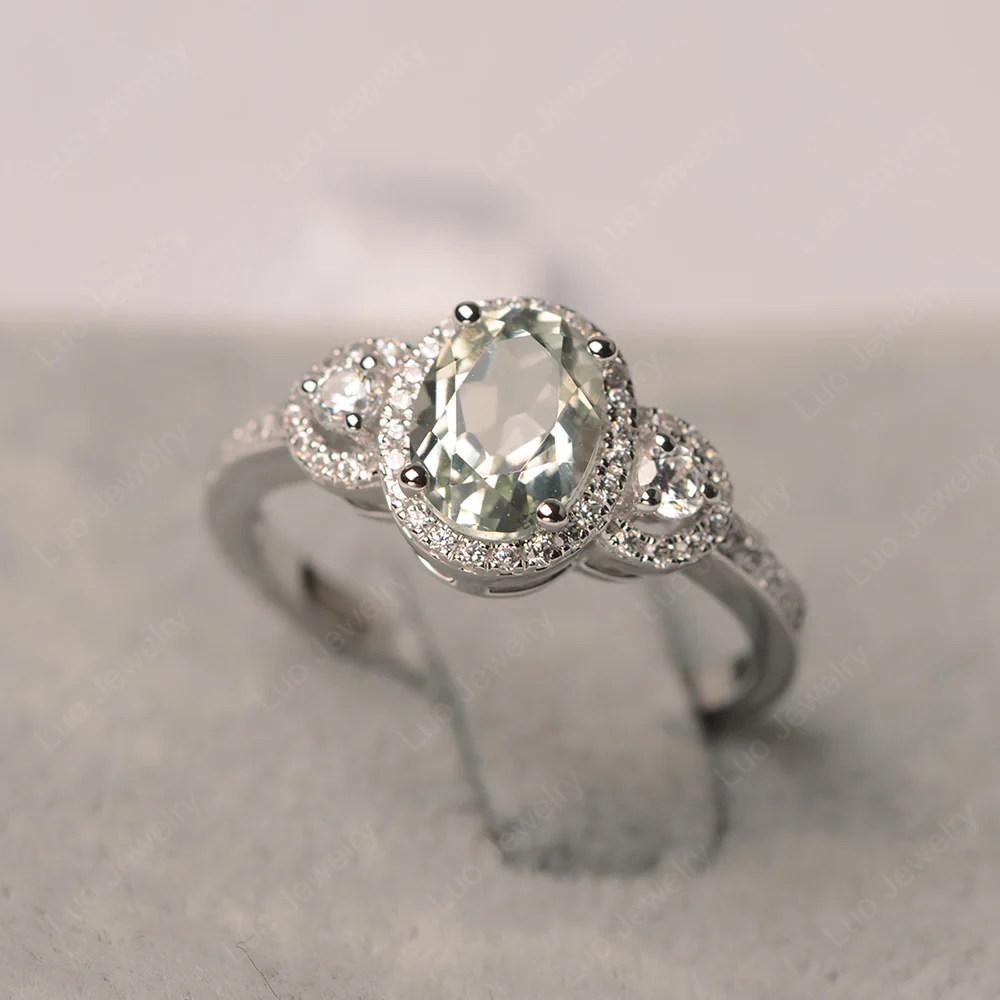 Oval Green Amethyst Ring Halo Engagement Ring