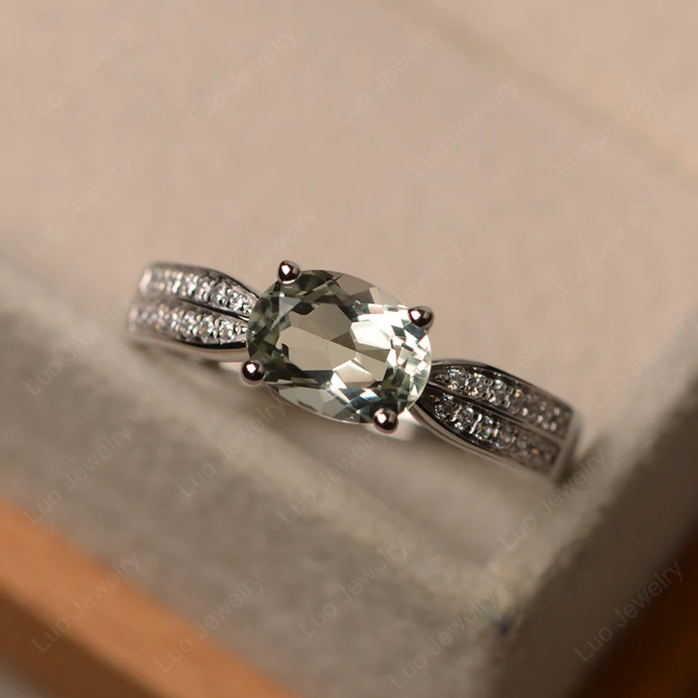 Oval Green Amethyst Horizontal Two Rows Pave Ring